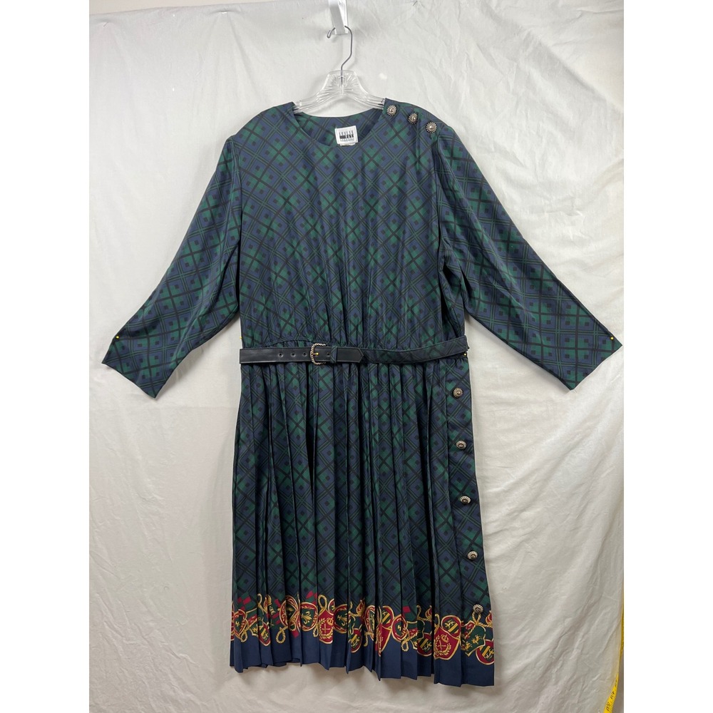 Vintage Leslie Fay Plaid Pleated Dress Women 20WP Preppy Green Blue Crest Belted